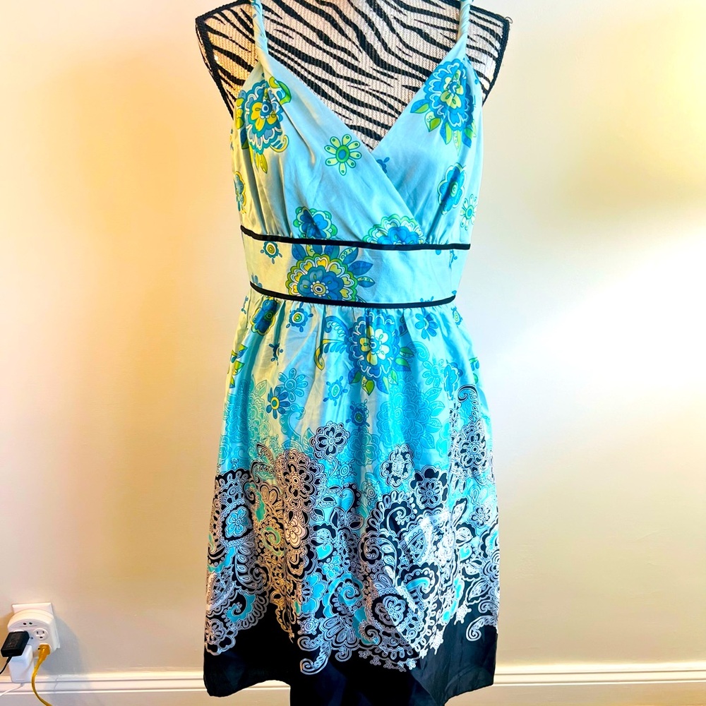 Adrianna Papell Teal and Black Patterned Midi Dress